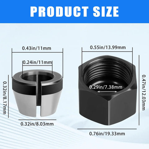 Precision Collet Nut 671361001 And 671362001 For Dremel And Ridgid Trimmers Routers Built Tough For A Secure Fit Smooth Performance Broad Tool Compatibility Easy Install And Reliable Connection. black and silver collet nut size chart with measurements