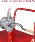 Close-up of a 30 Gallon Portable Heavy Duty Gas Caddy With Wheels featuring a 2 way reversible rotary hand pump for fuel transfer.