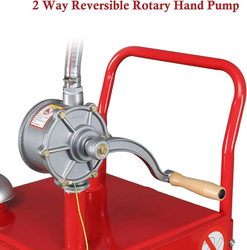 Close-up of a 30 Gallon Portable Heavy Duty Gas Caddy With Wheels featuring a 2 way reversible rotary hand pump for fuel transfer.