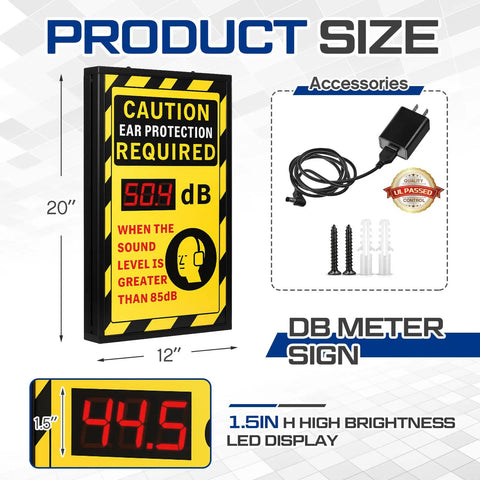 12 By 20 Inch Real Time Decibel Meter Sign With OSHA Caution Ear Protection Required, Wall Mount Aluminum Db Meter, Digital Display Of Current Noise Levels For Quick Safety Notice And Clear Workplace Communication.