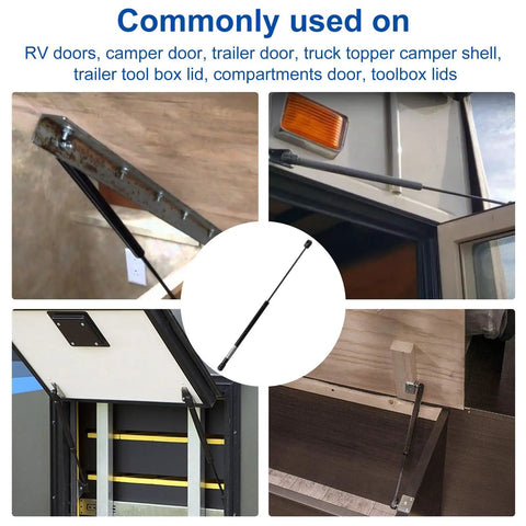20 Inch Camper Gas Prop Door Support For RV Doors Trailers And Camper Shells With 10 LB Load Capacity Designer G21 Compatible Replacement Gas Strut in use on various doors and lids.