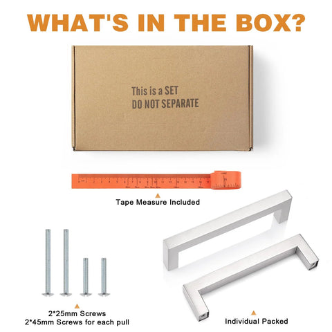 Box contents showing 50 Pack Satin Nickel Stainless Steel Square Bar Cabinet Handles For Kitchen Cupboards And Drawers With 5 Inch Hole Centers