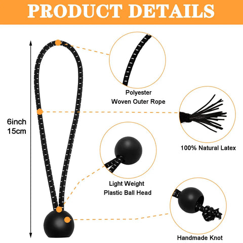 Product details of 50 Pack 6 Inch Bungee Cords With Balls For Camping Tents Tarps Canopies And Outdoor Gear Elastic String Ties UV Resistant Tarp Tie Down Kit showing materials and features