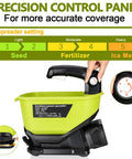 Cordless Grass Seed Spreader For Lawn Care With Ryobi 18V Battery Compatibility Fertilizer And Salt Ice Melt Spreader Handheld Tool Only For Year Round Yard Tasks No Cords Easy Outdoor Operation showing precision control panel and settings.