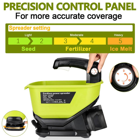Cordless Grass Seed Spreader For Lawn Care With Ryobi 18V Battery Compatibility Fertilizer And Salt Ice Melt Spreader Handheld Tool Only For Year Round Yard Tasks No Cords Easy Outdoor Operation showing precision control panel and settings.