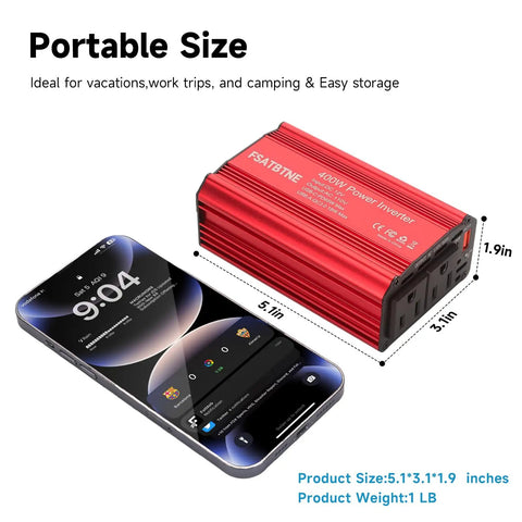 Hella Reliable 400w Power Inverter Dc 12v To 110v Ac Car Plug Adapter With 65w Pd Usb C and 18w Qc Usb A Fast Charging next to smartphone for size comparison.