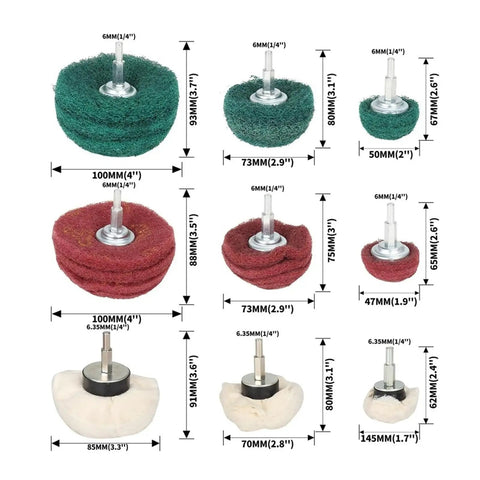 Image of 10 Piece Premium Non Woven Abrasive Buffing Wheel Set With 1/4 Inch Shank for polishing, featuring various grit flap and dome pads.