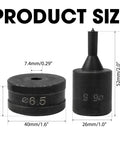 Product size comparison of black 6.5mm hydraulic hole punch die for CH70 punch machine with 40mm upper and 26mm lower mold.