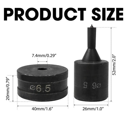 Product size comparison of black 6.5mm hydraulic hole punch die for CH70 punch machine with 40mm upper and 26mm lower mold.