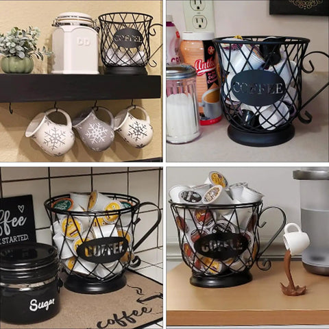 K Cup Holder Coffee Pod Organizer for 35 K Cups Keurig Storage On Countertop Matte Black Open Top Design in use with coffee cups