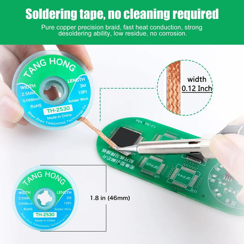 Desoldering Wick Braid 10 Ft No Clean Desoldering Tool shown with precision PCB application and dimensions.