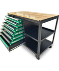 Heavy Duty Mobile Tool Cabinet With Wood Top Workbench And Seven Smooth Gliding Drawers Lockable Storage Drawer Brake Caster Black Metal Frame With Double Shelves For Garage Workshop Or Outdoor Use