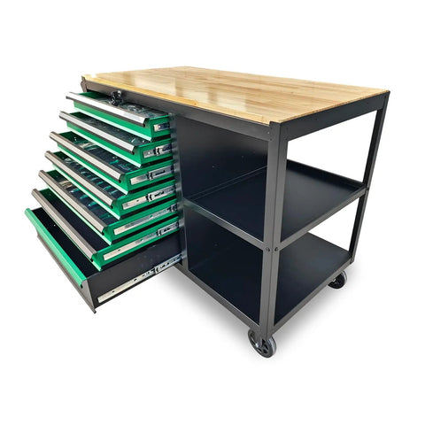Heavy Duty Mobile Tool Cabinet With Wood Top Workbench And Seven Smooth Gliding Drawers Lockable Storage Drawer Brake Caster Black Metal Frame With Double Shelves For Garage Workshop Or Outdoor Use