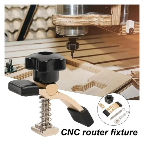 Flexible T-Slot Hold Down Clamps For CNC Router, Adjustable Rotating Pivot And Height on workshop table with CNC setup.