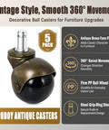 Two Inch Brass Caster Wheels Five Pack Antique Ball Casters With Seven Sixteenth Inch Diameter And Seven Eighth Inch Long Grip Ring Stem, 5-pack