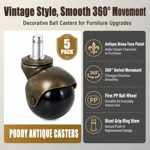 Two Inch Brass Caster Wheels Five Pack Antique Ball Casters With Seven Sixteenth Inch Diameter And Seven Eighth Inch Long Grip Ring Stem, 5-pack