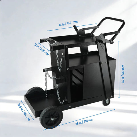 Heavy Duty Welder Cart With 2 Tier 4 Drawer Storage, 265 Lbs Load Capacity, 360 Degree Swivel Wheels in black metal