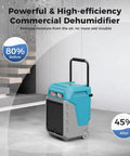 Heavy Duty Commercial Dehumidifier With Built In Pump, blue and gray industrial unit on concrete floor, efficient moisture removal for spaces.