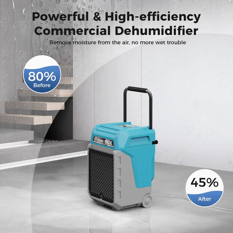 Heavy Duty Commercial Dehumidifier With Built In Pump, blue and gray industrial unit on concrete floor, efficient moisture removal for spaces.