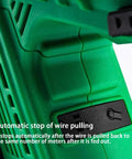 Close-up of Top Shelf Cordless Wire Threading Tool showing automatic stop mechanism for wire pulling.