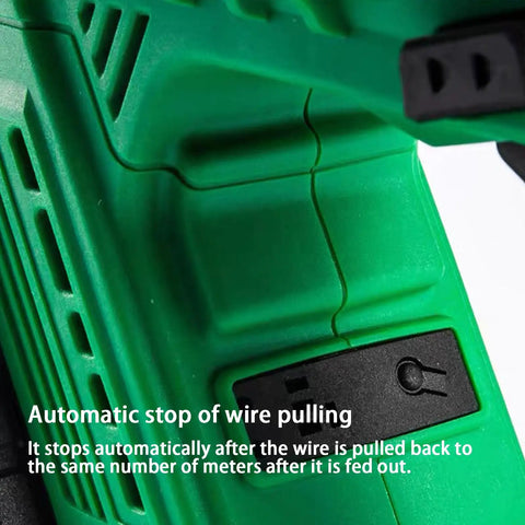 Close-up of Top Shelf Cordless Wire Threading Tool showing automatic stop mechanism for wire pulling.