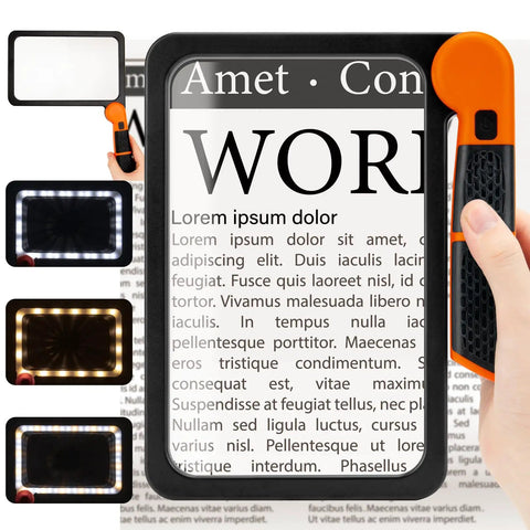 Big Full Page Magnifier With Light 7.3x4.4 Inch Lens, 48 LED Cold And Warm Illumination, handheld magnifier used on text