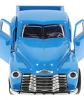 Front view of Retro Pickup Truck Model Toy In Metal Sky Blue with open doors, classic stepside desk decor for home and office.