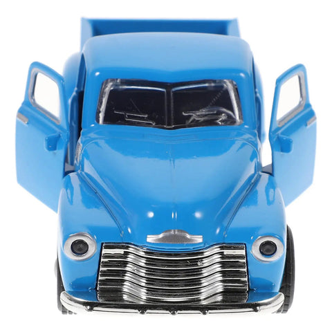 Front view of Retro Pickup Truck Model Toy In Metal Sky Blue with open doors, classic stepside desk decor for home and office.