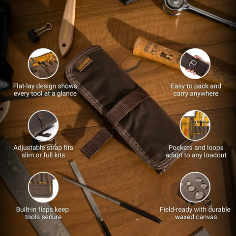 EDC Rollup Electronic Organizer for Tech and Art Supplies Waxed Canvas Tool Bag with multi pockets and elastic pen loops