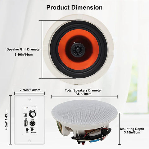6.5 Inch Bluetooth In Wall Ceiling Speakers With 600W 2 Way Flush Mount System And Built In Wall Amplifier Receiver dimensions
