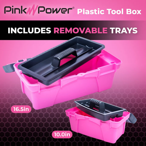 Pink Tool Box Set For Women, Large 16.5 Inch and Small 10 Inch Plastic Boxes with Locking Lids and Removable Trays