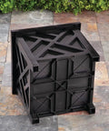 Set Of 2 Chippendale Planter Boxes In Black For Outdoor Decor With Built In Planter Inserts Weather Resistant Polypropylene Classic Lattice Style shown from below on patio