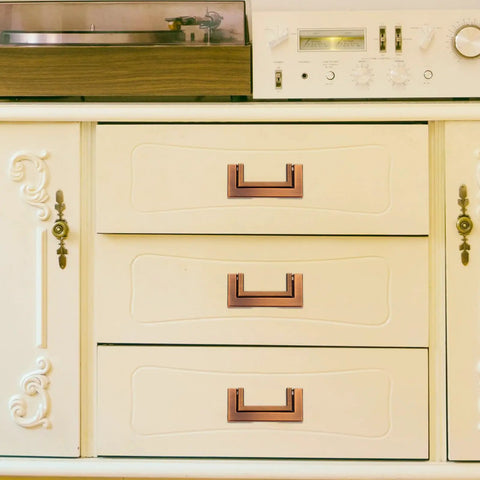 Hidden Drawer Pull Handles In Zinc Alloy Antique Brass Cabinet Pulls on cream drawers with vintage decor