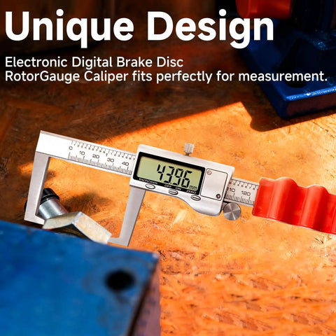 Digital Outside Caliper For Disc Brakes With Inch And Metric Conversion Pro Grade Rotor Micrometer in use on table surface.