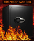 Black Compact Fireproof Safe Box For Home Use 0.8 Cu Ft Small Safe With Waterproof Build and Touch Screen Keypad in flames background
