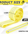 4 Pack 4 Foot Heavy Duty Polyester Endless Loop Round Lift Slings For Hoist Towing And Moving Furniture Rigging Gear 8400 Lb Vertical 6700 Lb Choker 16800 Lb Basket Yellow, shown coiled with 2.56 inches width labeling.
