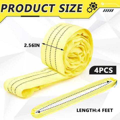 4 Pack 4 Foot Heavy Duty Polyester Endless Loop Round Lift Slings For Hoist Towing And Moving Furniture Rigging Gear 8400 Lb Vertical 6700 Lb Choker 16800 Lb Basket Yellow, shown coiled with 2.56 inches width labeling.