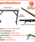 Rock Solid Adjustable Roller Stand Support Two Pack Heavy Steel Frame Portable Woodworking Extension with adjustable height and smooth rollers.