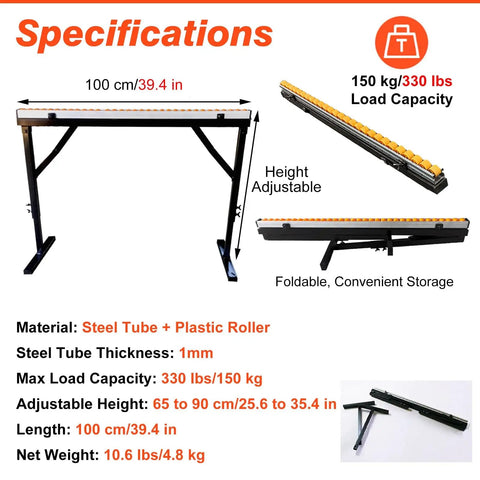 Rock Solid Adjustable Roller Stand Support Two Pack Heavy Steel Frame Portable Woodworking Extension with adjustable height and smooth rollers.