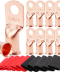Heavy Duty Battery Lugs And Ring Terminals For 2/0 AWG Cables 3/8 Inch Copper Lugs Battery Cable Ends Terminal Connectors With Ten Pack Heat Shrink Tubing In Red And Black
