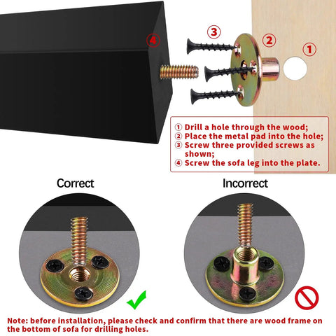 Installation guide for Eight Piece Set Of Solid Wood Square Sofa Legs 6 Inch Replacement Feet with screws and metal plate.