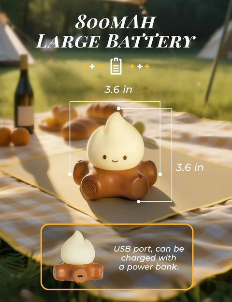 Chibi Campfire Night Light with USB port on a picnic blanket, 3.6 in size, large battery, perfect for kids' indoor camping.
