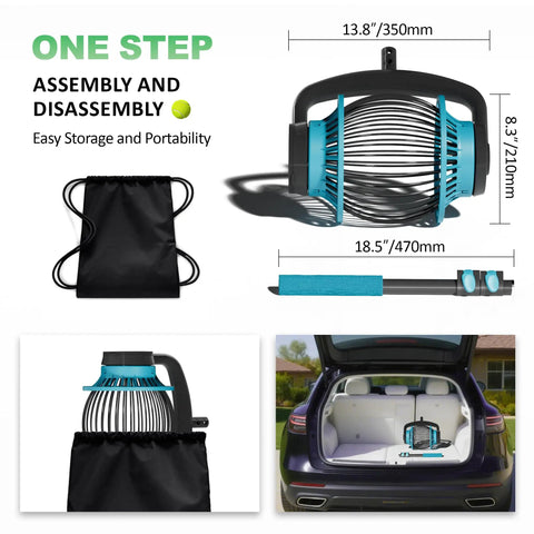 Assembly of No Bending Tennis Ball Picker Roller With Telescopic Handle Quick Rolling Ball Collector, storage bag, in car trunk.