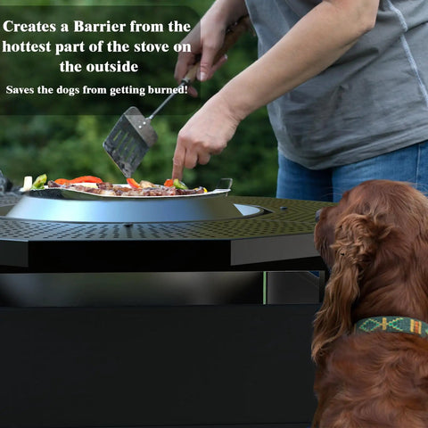 Person cooking on Fire Pit Surround Tabletop For Solo Stove Bonfire Ranger 2.0 with dog watching outdoors