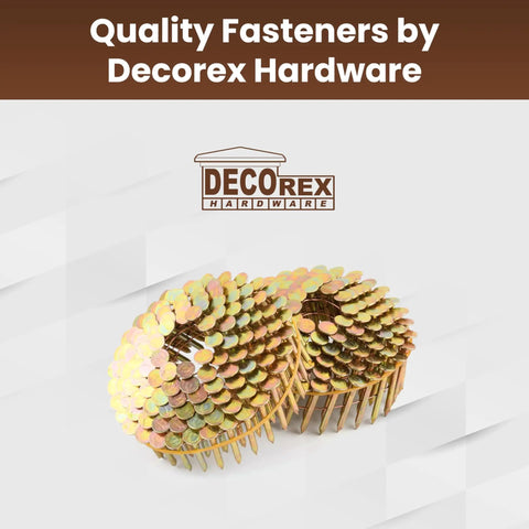 Heavy Duty Coil Roofing Nails 1 1/4 Inch Electro Galvanized Smooth Shank 15 Degree Spiral Fasteners No Sweat Nail Gun Feeding 3600 Count stacked in collated strips.