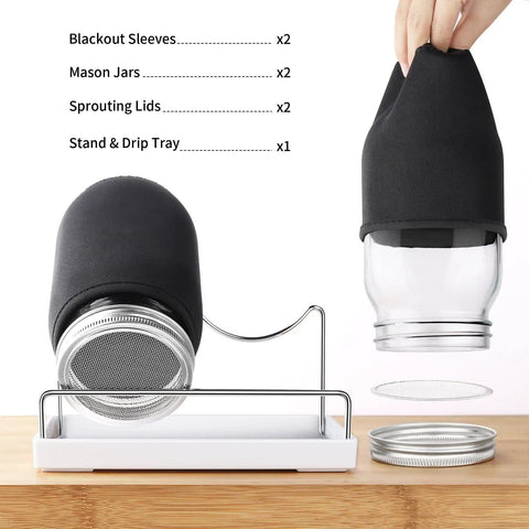 Two Wide Mouth Sprouting Jars Kit With 316 Stainless Steel Lids, Drip Tray And Stand, Blackout Sleeves, and two jars displayed
