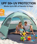 Family enjoying beach under Mint Green Beach Tent With Anti UV Sun Shade Portable 3 Person Shelter Extendable Floor UPF 50 Protection