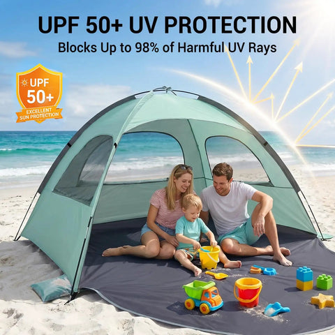 Family enjoying beach under Mint Green Beach Tent With Anti UV Sun Shade Portable 3 Person Shelter Extendable Floor UPF 50 Protection