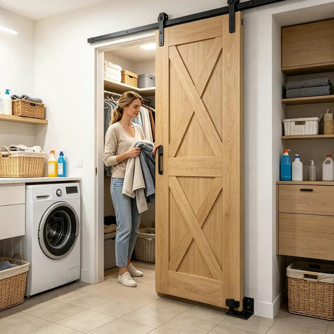Heavy Duty Sliding Barn Door Guide With Carpet Safe Floor Track keeps doors dead center in laundry room with wood door.