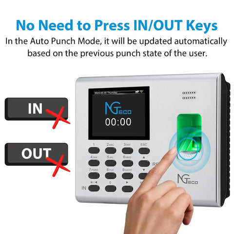 Downright Slick Biometric Fingerprint Time Clock With Synchronized Mobile App For Small Business Teams, showing auto punch mode interface.
